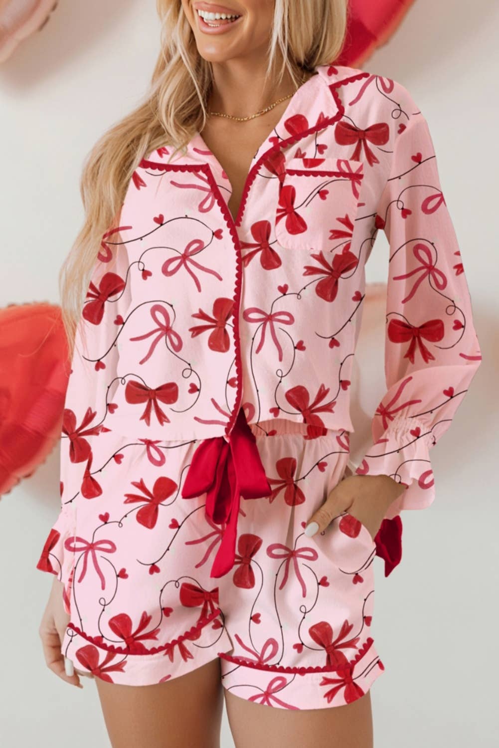 Cute Bow Print Shirt & Ribbon Short Pajamas