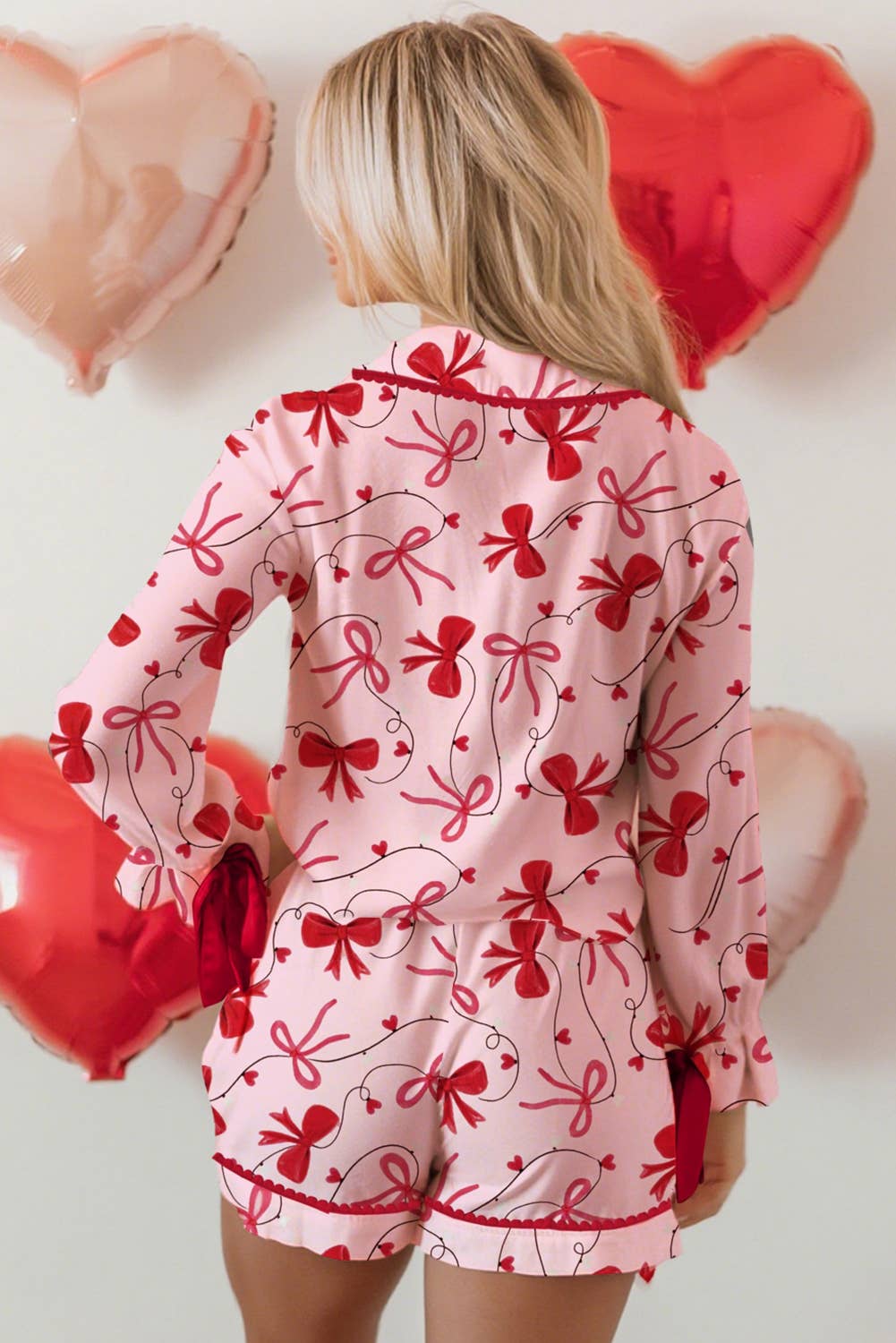 Cute Bow Print Shirt & Ribbon Short Pajamas
