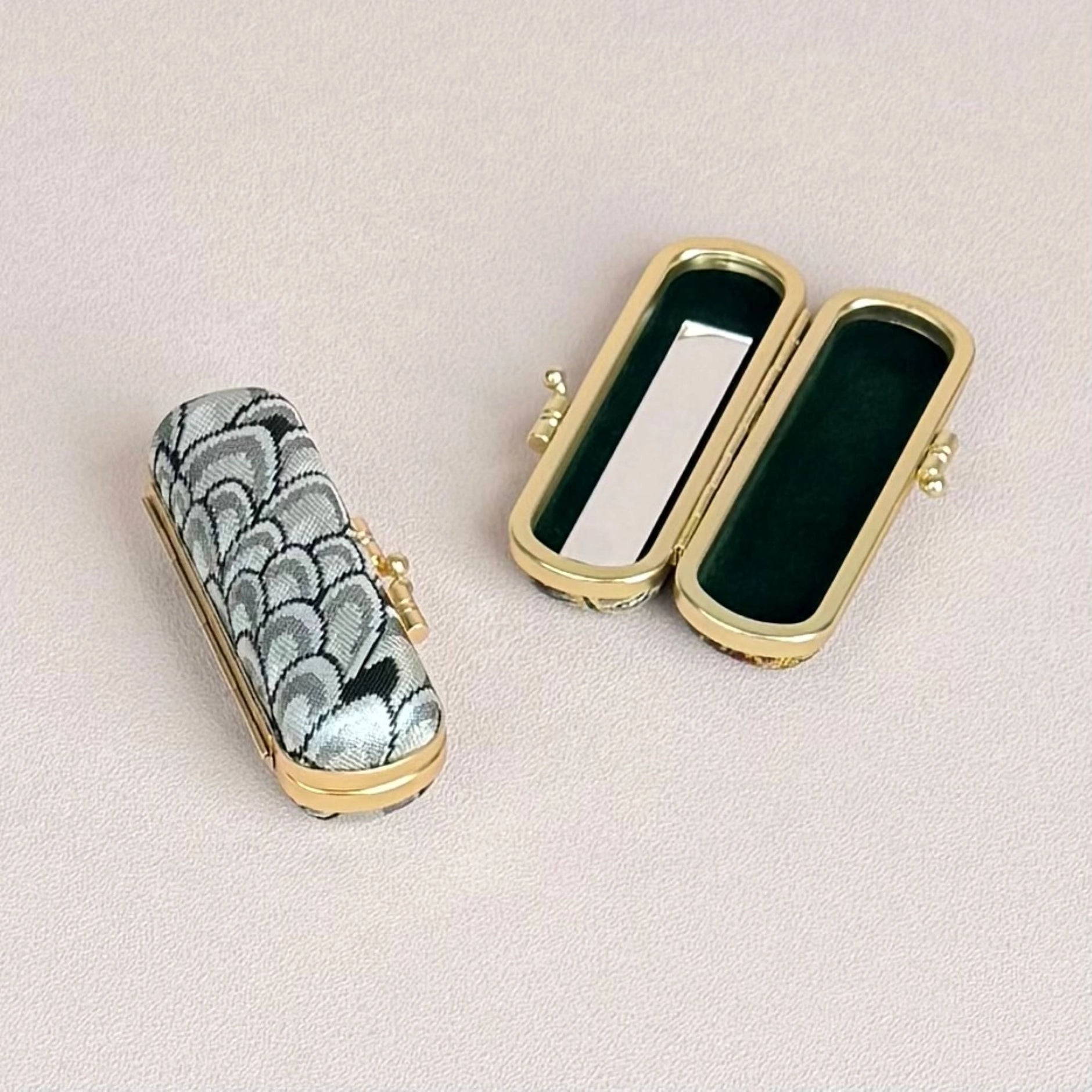 Small Feather Brocade Lipstick Case/Holder with Mirror