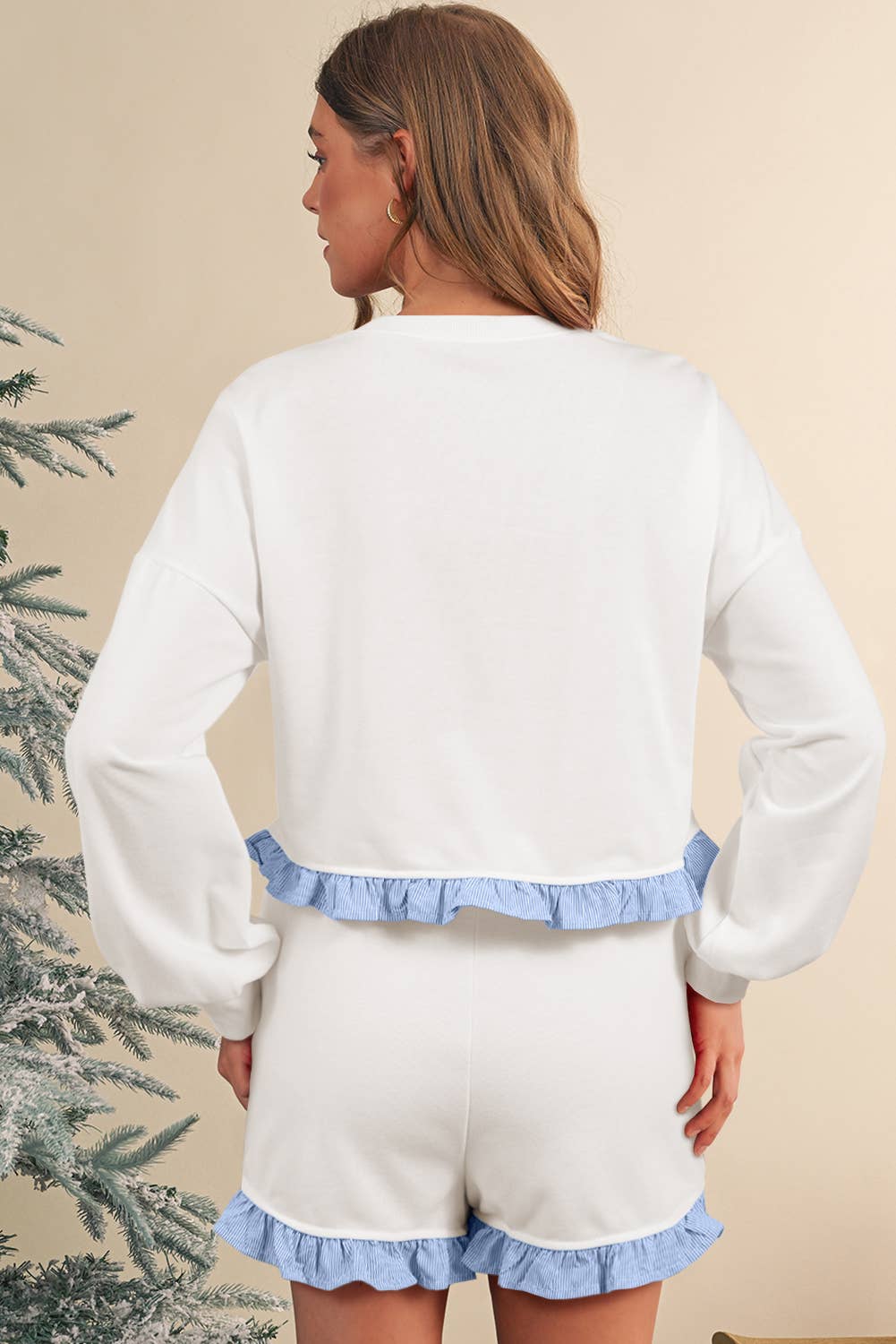 Aapparella - Striped Ruffle Trim Long Sleeve Top &amp; Shorts Set | S-XL