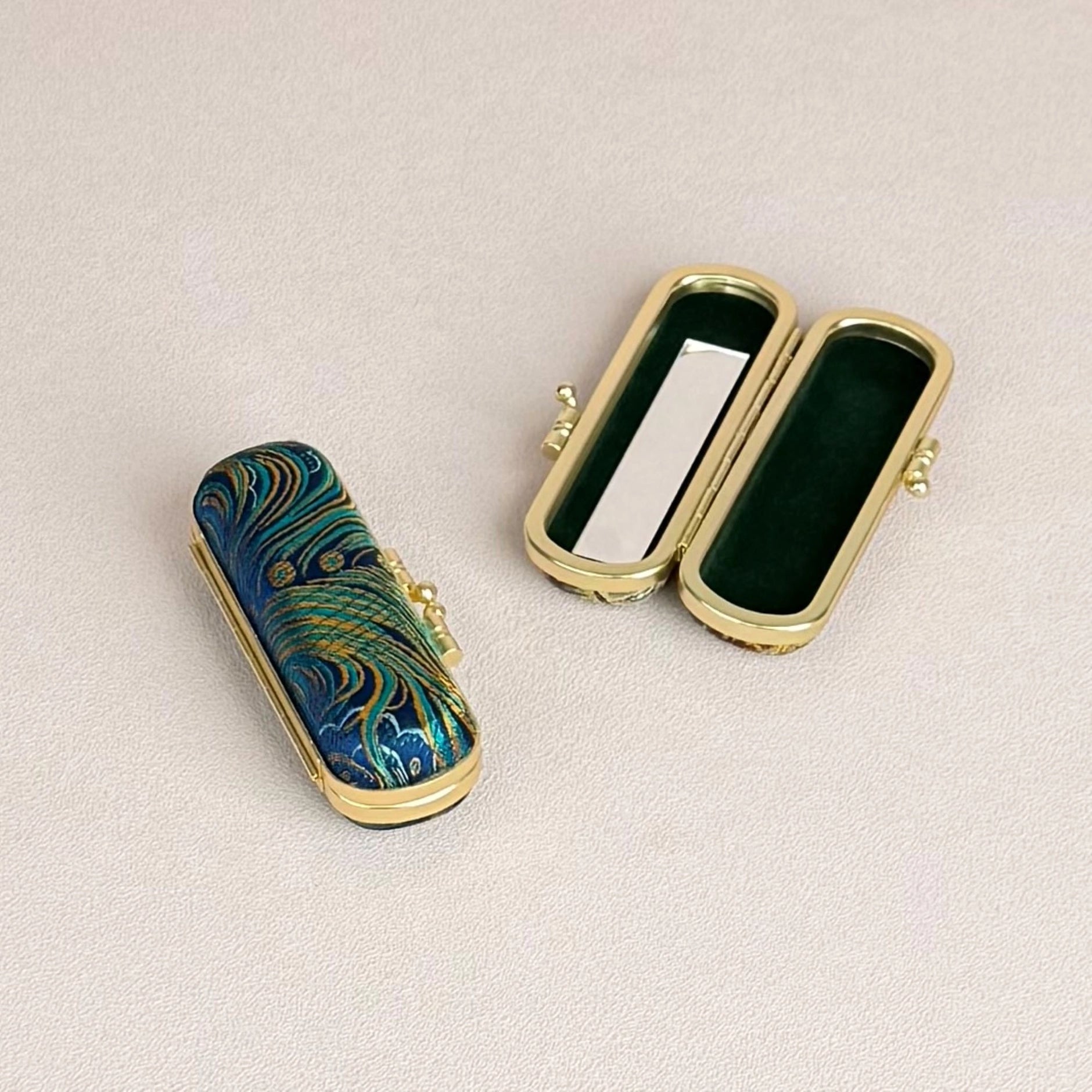 Peacock Pattern Brocade Lipstick Case/Holder with Mirror