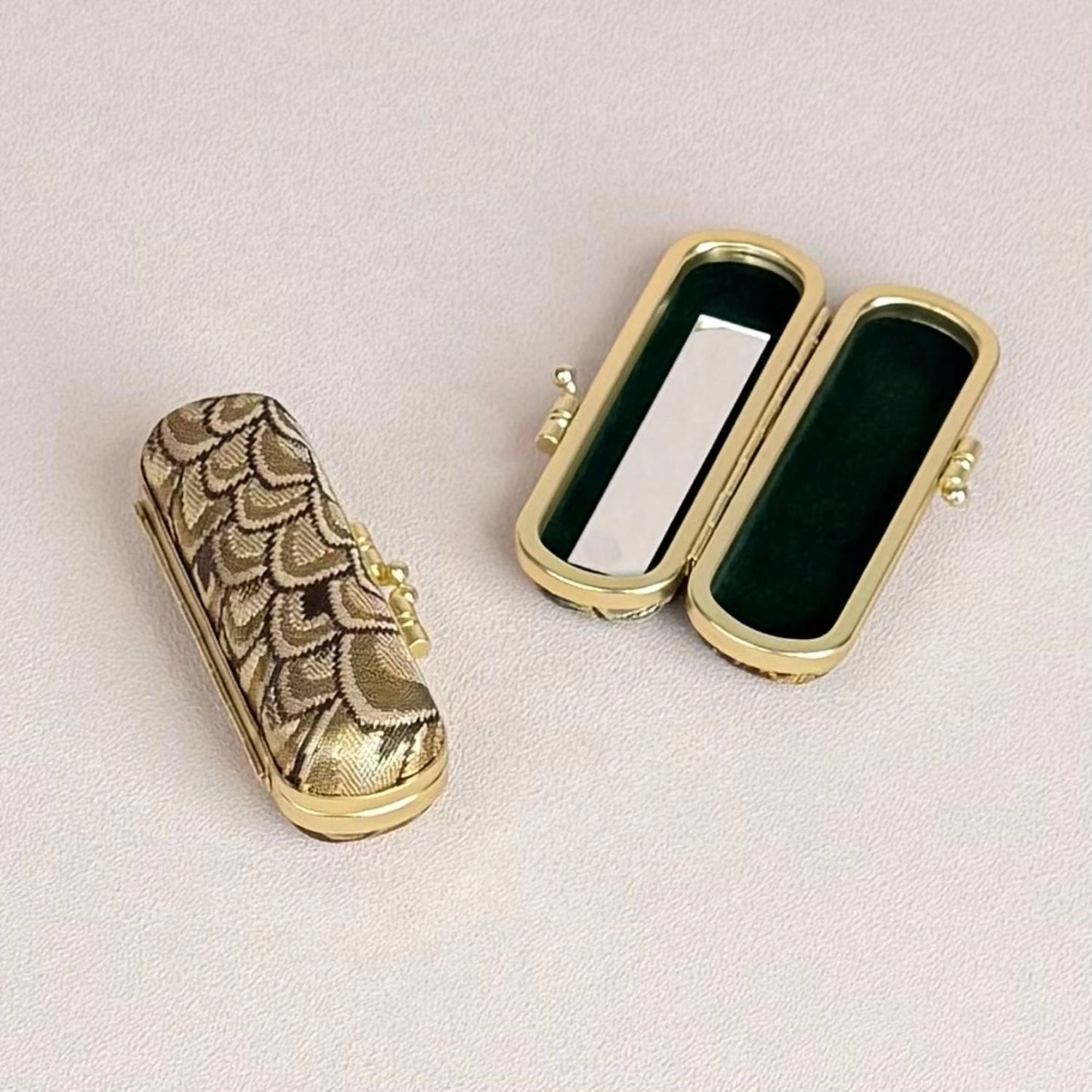 Small Feather Brocade Lipstick Case/Holder with Mirror