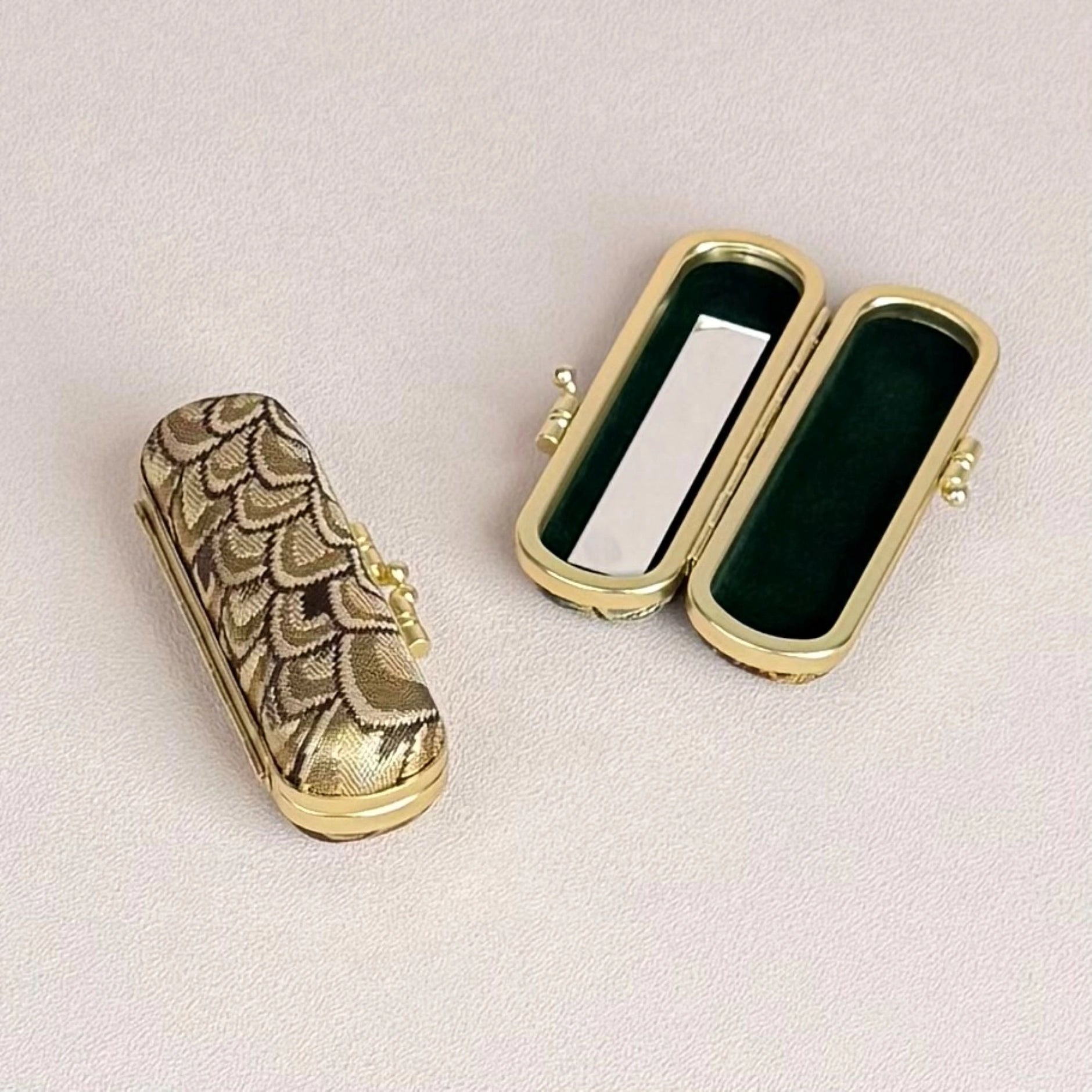 Small Feather Brocade Lipstick Case/Holder with Mirror