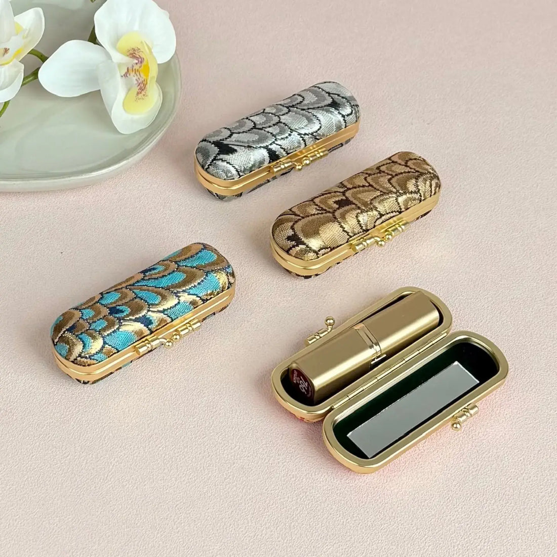 Small Feather Brocade Lipstick Case/Holder with Mirror