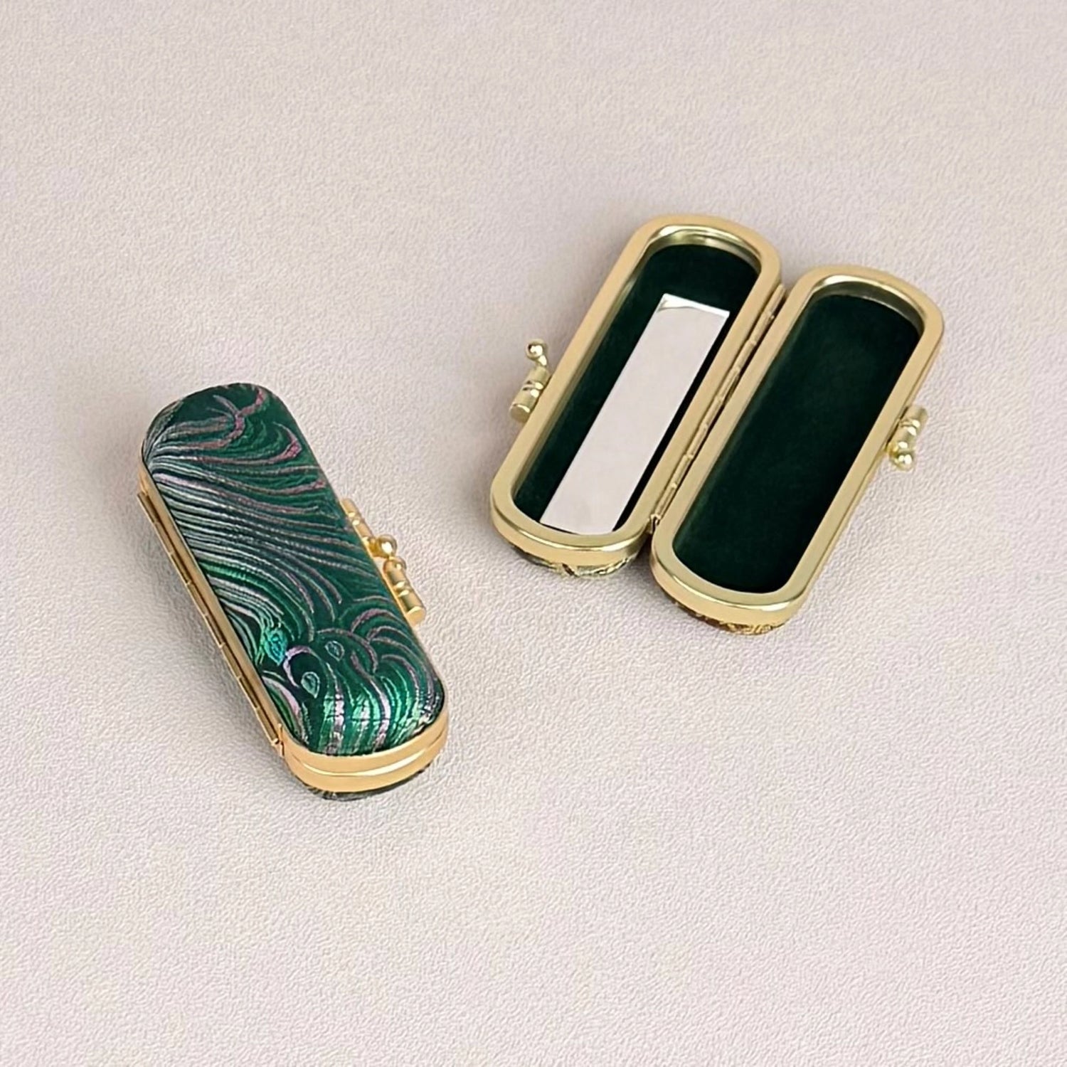 Peacock Pattern Brocade Lipstick Case/Holder with Mirror