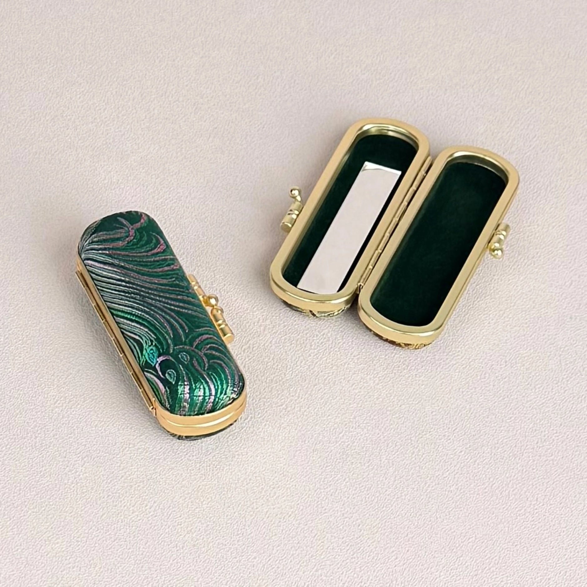 Peacock Pattern Brocade Lipstick Case/Holder with Mirror